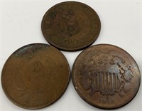 3 US Two Cents Pieces