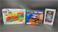 Mega Blocks Train, New Wood Fire Truck & Baby Doll