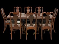 Double Pedestal Cherry Wood Dining Table w/ Chairs