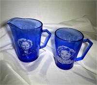 2. BLUE GLASS SHIRLEY TEMPLE PIECES, CREAMER AND