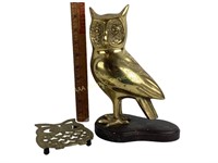 Metal Owl Art Trivet and Owl sculpture gold tone