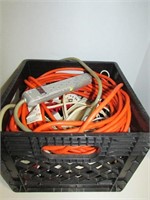 Black Crate Full of Various Extension Cords and