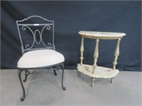 D-SHAPED MARBLE TOP PLANTSTAND & METAL CHAIR