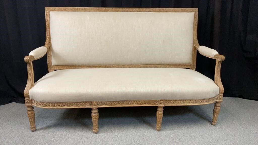 Large Upholstered Settee, Carved Wood