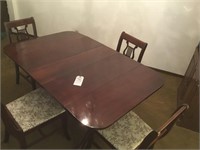 Drop leaf table; 4 harp backed chairs (padded)