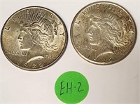 S - LOT OF 2 1922 PEACE SILVER DOLLARS (EH2)