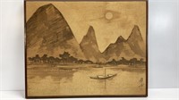 Original batik on board of tall mountains by lake