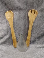 Wood Salad Spoon Set / Vintage Vinegar Bottle