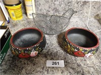 (2) Hand Painted Bowls & Wire Chicken