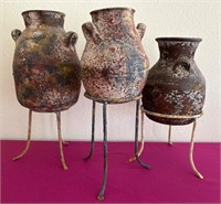 3 Decorative Rustic Pottery Jugs on Stands