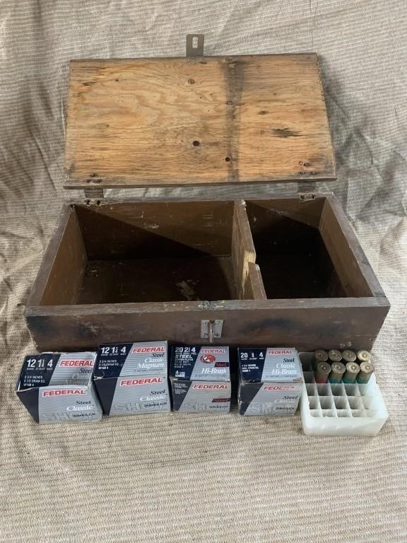 Wooden Box With Shot Gun Shells 12 and 20 Guage