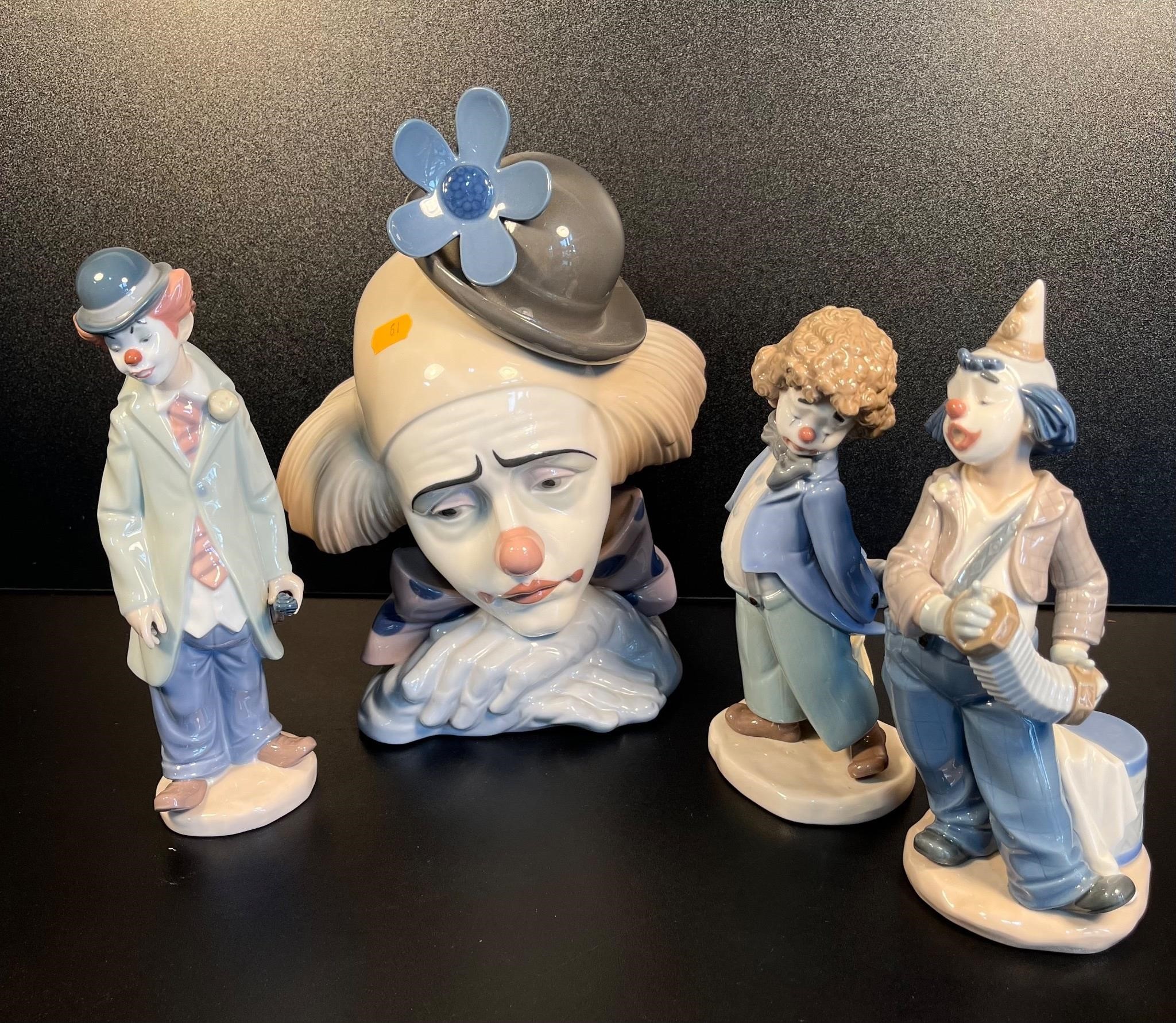 4 Lladro Porcelain Clown Figurines