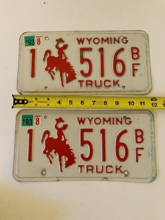 1988 Red & White Wyoming License Plate Set