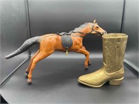 Leather Horse Figure and Brass Cowboy Boot