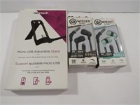 Sealed Micro USB Adjustable Stand  2 NIB Earphones