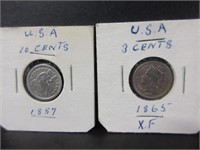 1865 3 CENT US & 1857 10 CENT US COINS XF