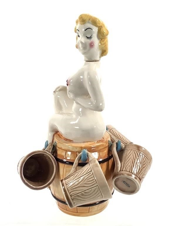 Nude on a Barrel Glazed Ceramic Decanter & 4 Mugs