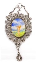 Antique silver pendant and miniature watercolour