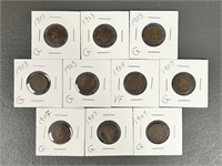 Ten Various Dates Indian Head Cents