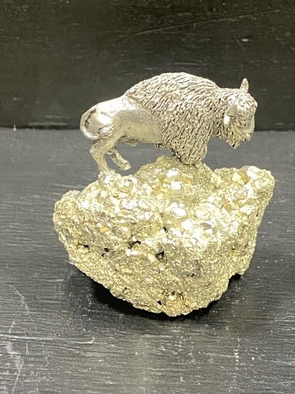 Pewter Buffalo Figurine on Pyrite