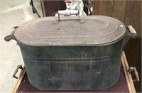 Antique copper boiler bin with side handles and