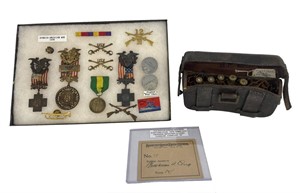 SPANISH AMER WAR CARTRIDGE BOX, DOG TAGS, INSIGNIA