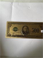 Rare 24 kt Gold $500 McKINLEY Bill in Protective