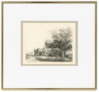 After Rembrandt, Etching, Three Cottages by a Road