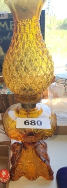 AMBER GLASS OIL LAMP- MISMATCHED SHADE