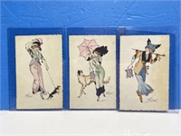 3 Art Nouveau Postcards - Ladies with Dogs, M.M.