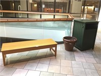 Yellow Bench, Tan Flower Pot, and Green Trash Can