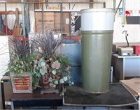 (2) Artificial Plants,(3) Metal Trash Cans & Rug
