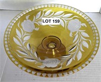 Amber Etched w/ Rose Pattern Pedestal Fruit Bowl