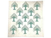 Vtg Hand Stitched Quilt, White w Green Trees