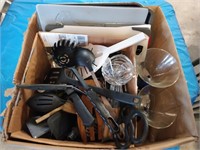 Box of kitchen utensils, baking pans, drinkware,