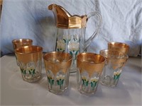 Hand Painted Pitcher and 6 Glasses