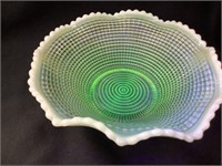 Vaseline/Uranium Opalescent Glass Bowl w/ Ornate