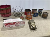 Small wood basket, coin bank, tin cans, needle