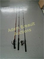 Three assorted 6 ft fishing rods and reels