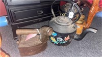 CAST IRON KETTLES, COFFEE GRINDER AND COAL IRON
