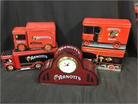 Arnotts clock & 4 biscuit tins
