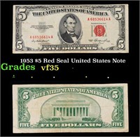 1953 $5 Red Seal United States Note Grades vf++