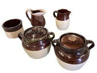 Five Pieces Brown and Tan Utilitarian Pottery