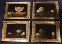 4 Vintage Fruit Paintings on Wooden Frames