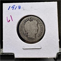 1913 BARBER SILVER DIME