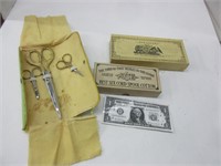 Vintage sewing scissors and two spool boxes