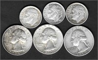 6-Coin Lot, Silver Washington Qtrs & FDR Dimes