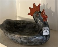 Rooster freehand pottery dish 10.5” x 7”