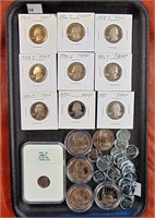 9 Proof, 25 cent, NGC dime, 21 steel cents, 5 half
