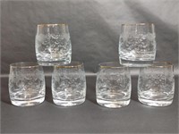 6 Bohemian Etched Whisky Glasses Gold Hue Rim